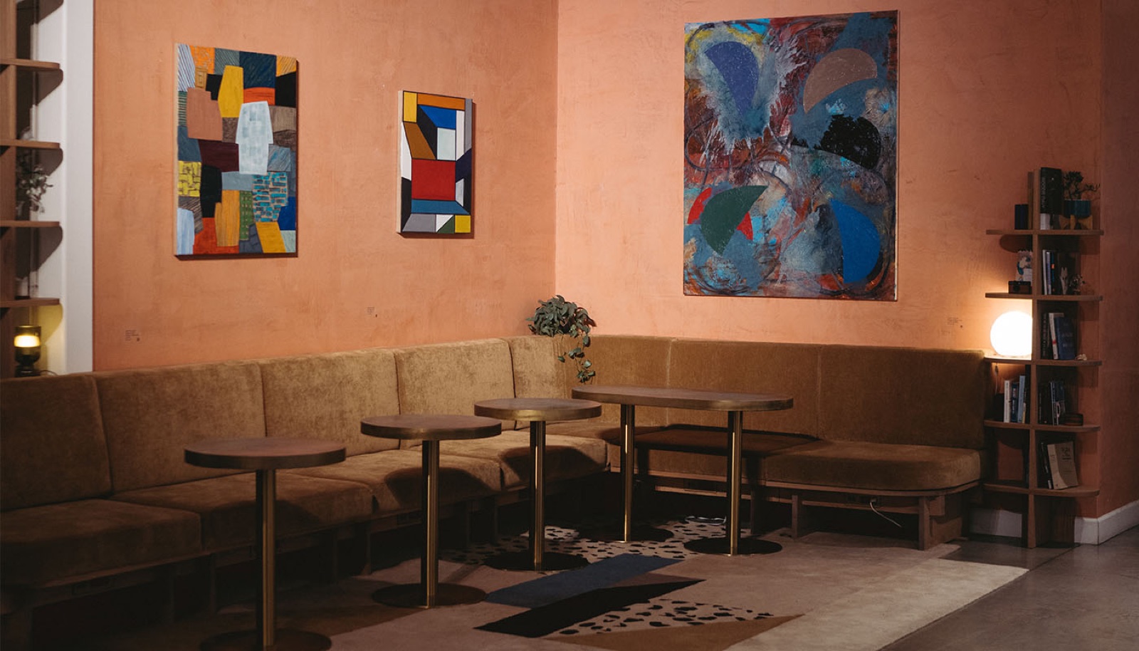 Clubhouse banquette and gallery wall