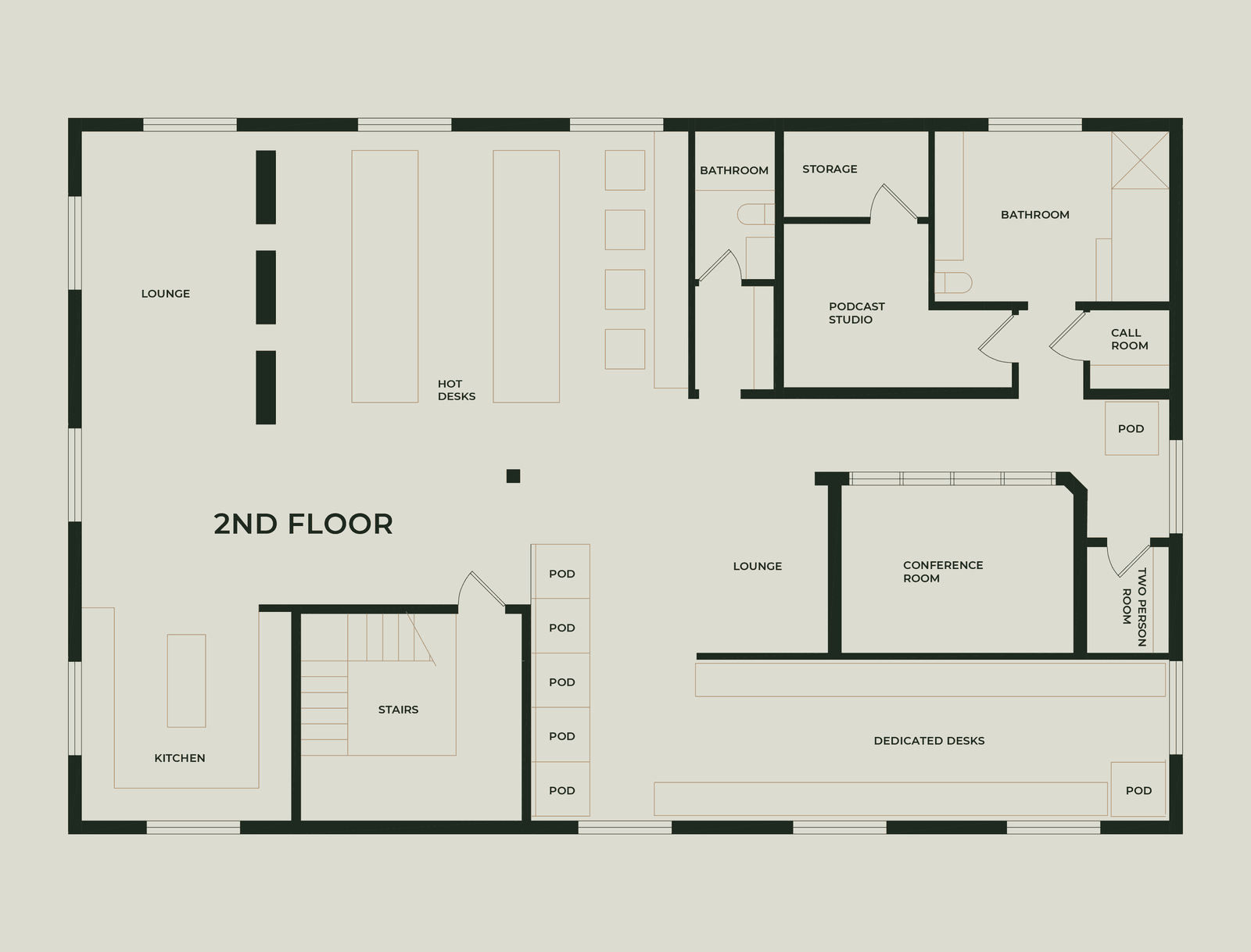 Second floor plan of The KINN: lounges, hot desks and dedicated desks, conference room, two-person room, call room, podcast studio, pods, kitchen, bathrooms, and stairs